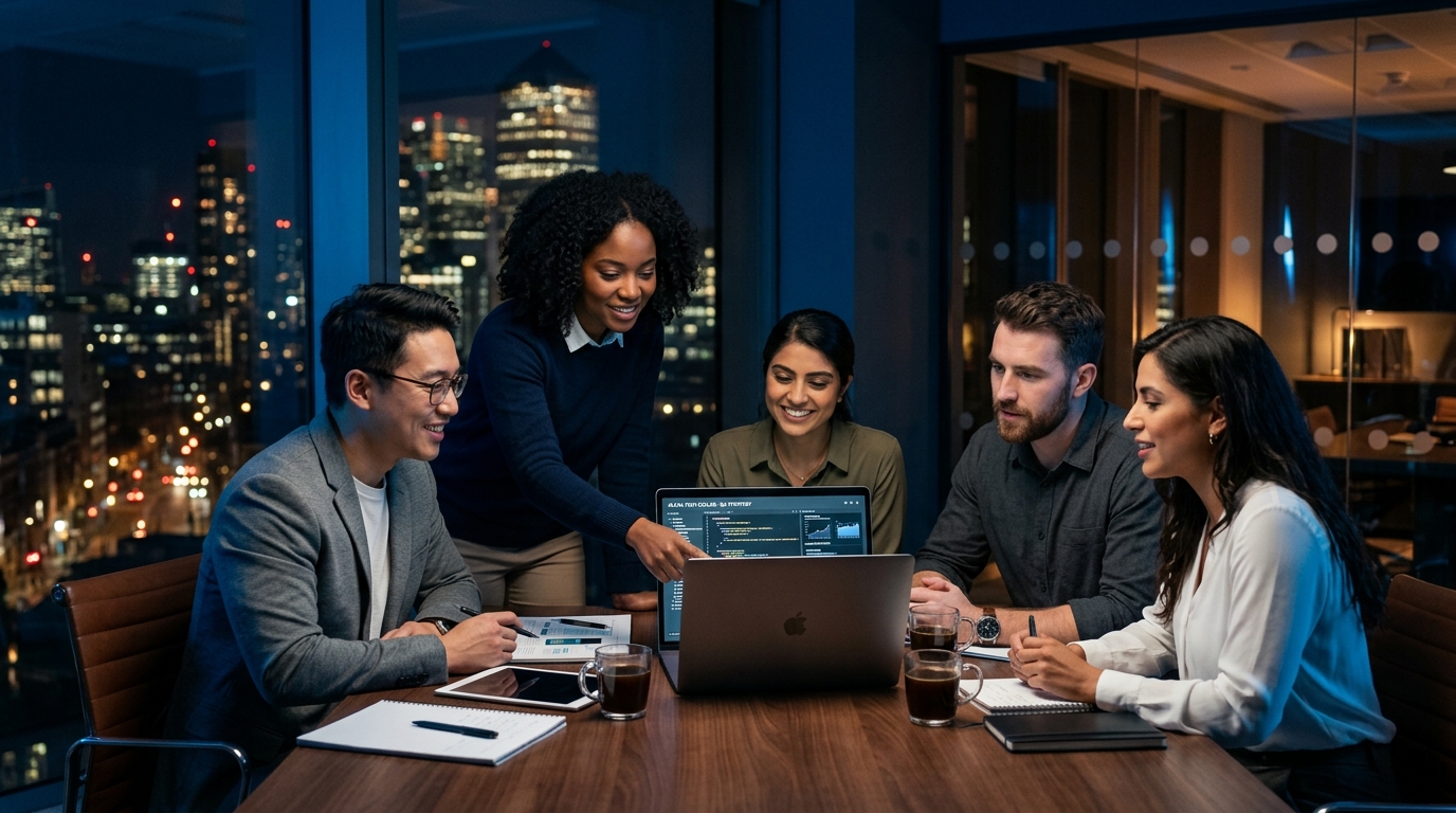 Hubexus Team Collaborating in Modern Office